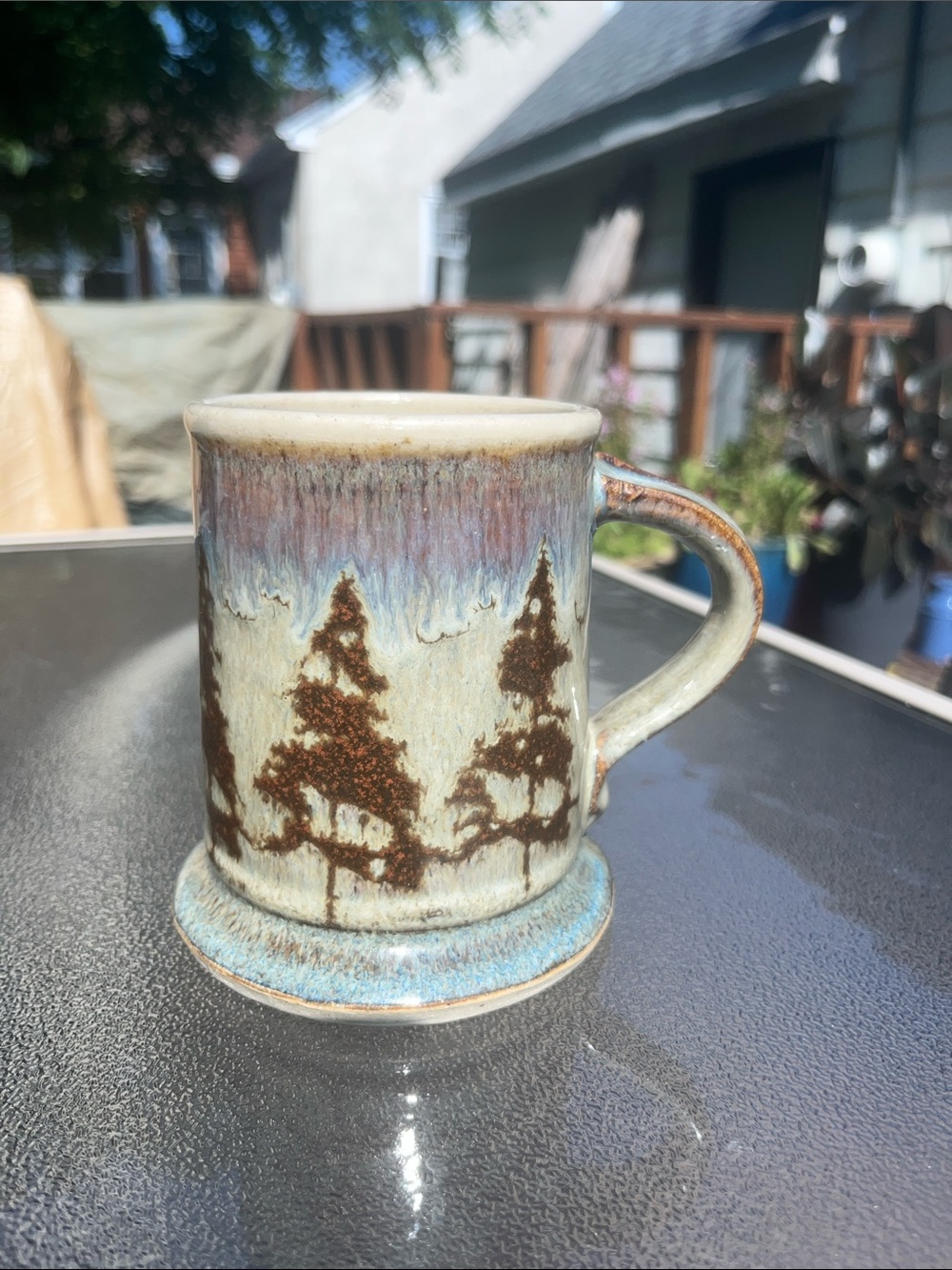 Studio Pottery Handmade Tree Silhouette Ceramic Mug in Blue and Brown